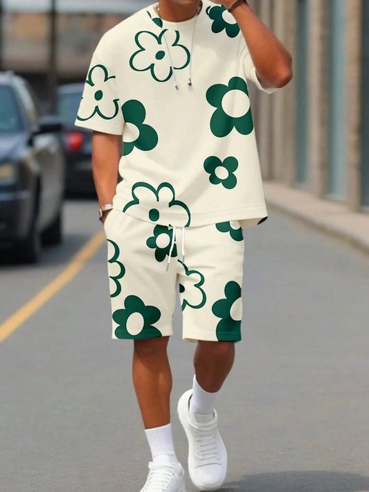 Black and White Flower Graphic Print T-shirt Shorts 2-piece Set