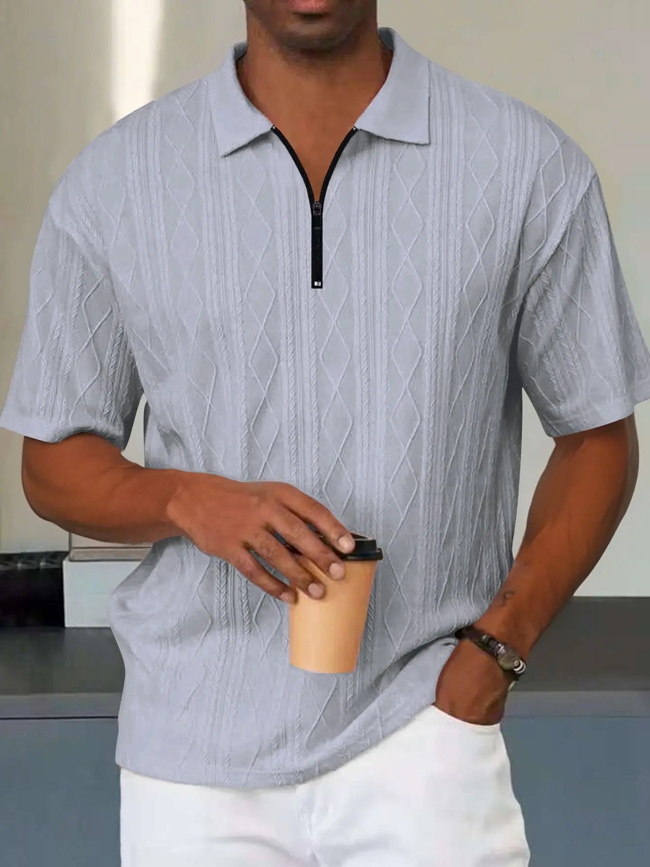 fashionable textured line solid color jacquard short-sleeved POLO shirt, daily casual lapel zipper tops