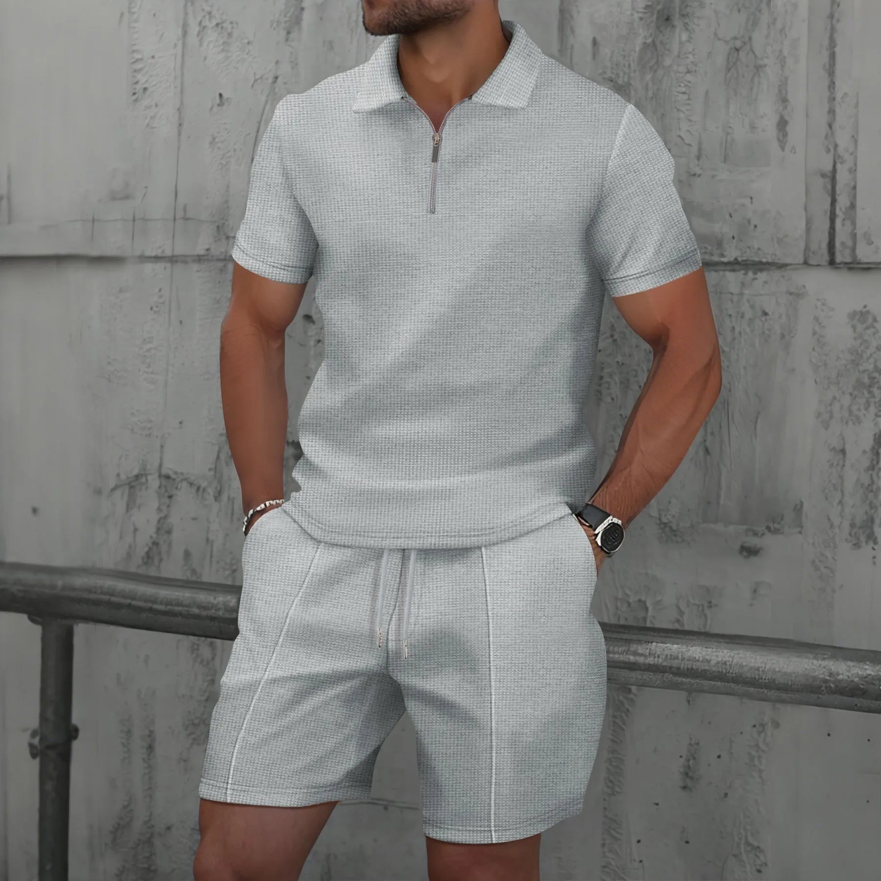 Men Sports Polo Suit Short Sleeve Stylish Zipper