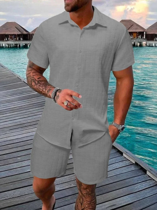 2025 New Summer Men's casual daily outdoor travel solid color jacquard lapel short-sleeved Shirt drawstring Shorts two-piece Set