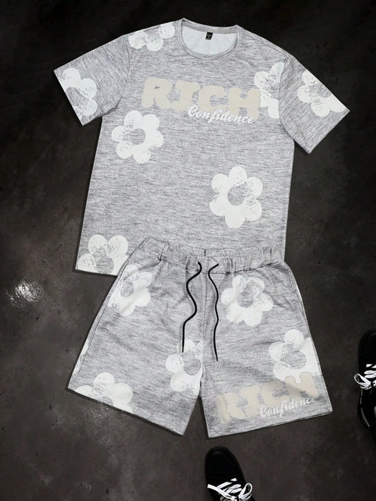 Black and White Flower Graphic Print T-shirt Shorts 2-piece Set
