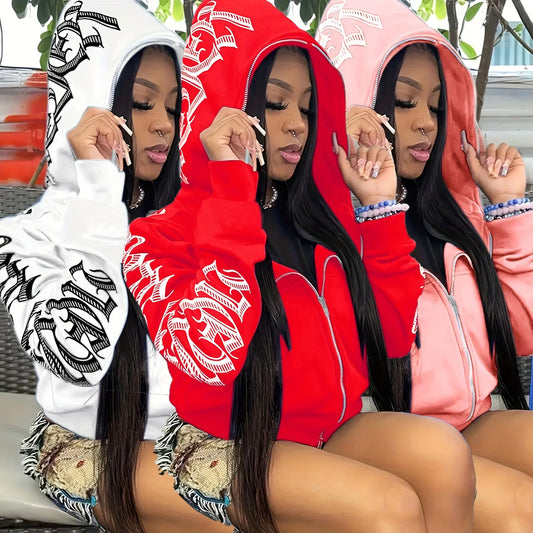 Letter Print Long Sleeve Zip Up Hoodies, Cyber Y2K Gothic Punk Sweatshirt, Womens