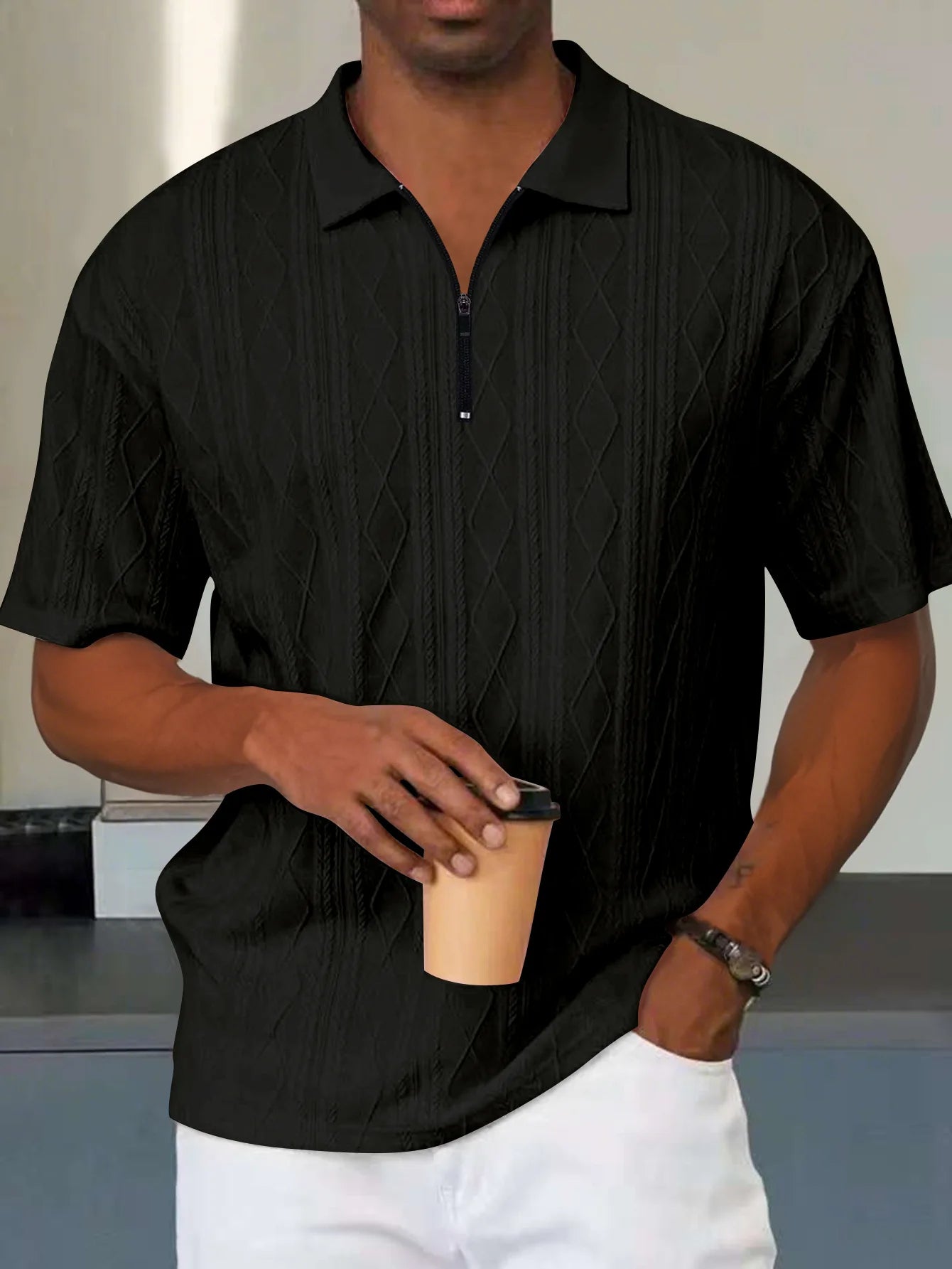 fashionable textured line solid color jacquard short-sleeved POLO shirt, daily casual lapel zipper tops
