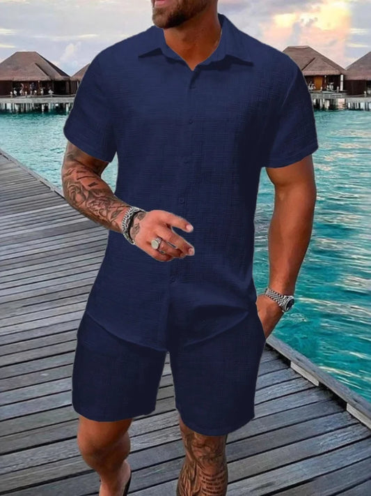 2025 New Summer Men's casual daily outdoor travel solid color jacquard lapel short-sleeved Shirt drawstring Shorts two-piece Set