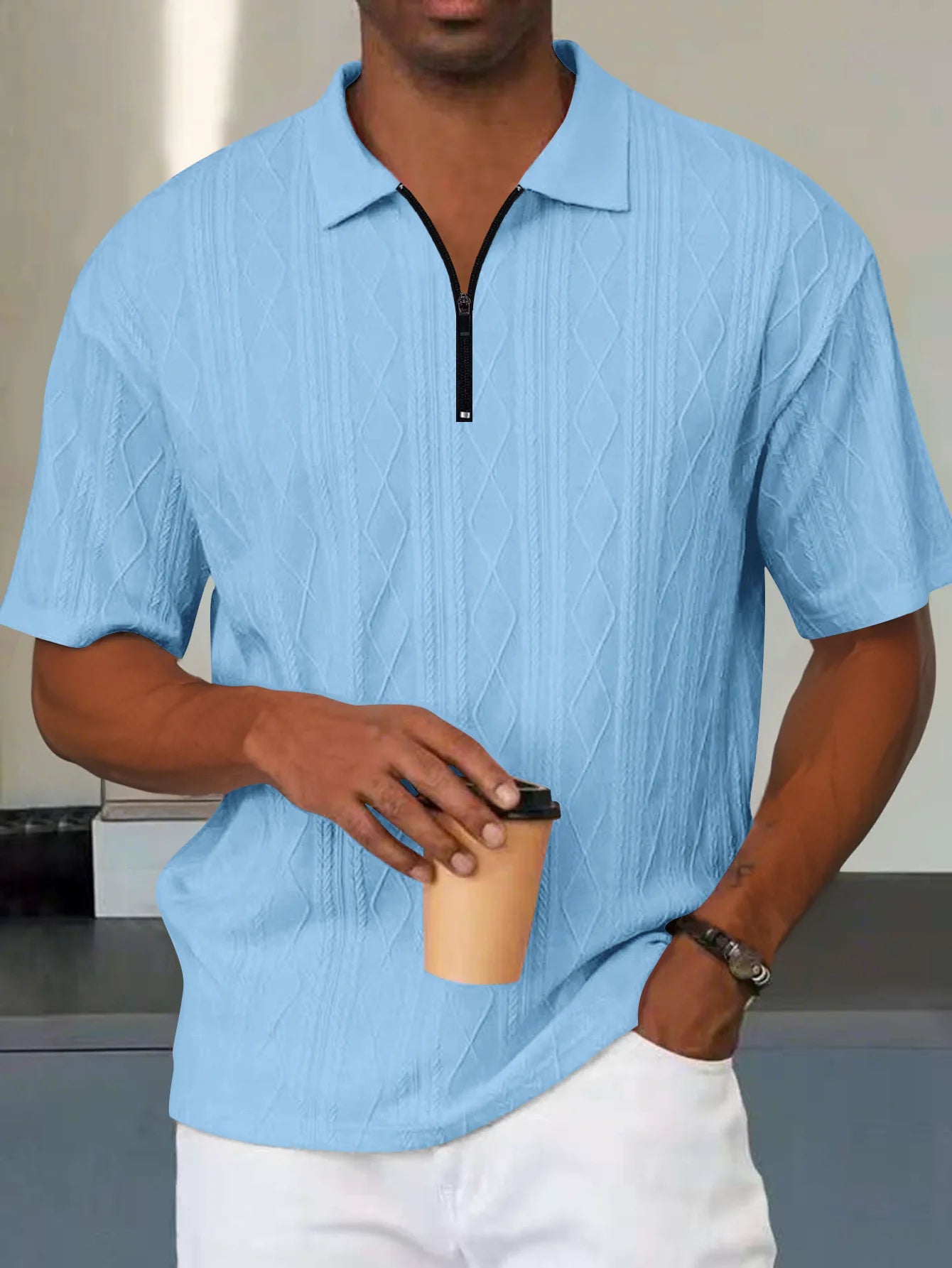 fashionable textured line solid color jacquard short-sleeved POLO shirt, daily casual lapel zipper tops