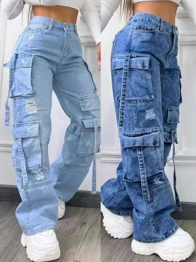 Denim High Waist Multi Pocket Loose Women's Jeans