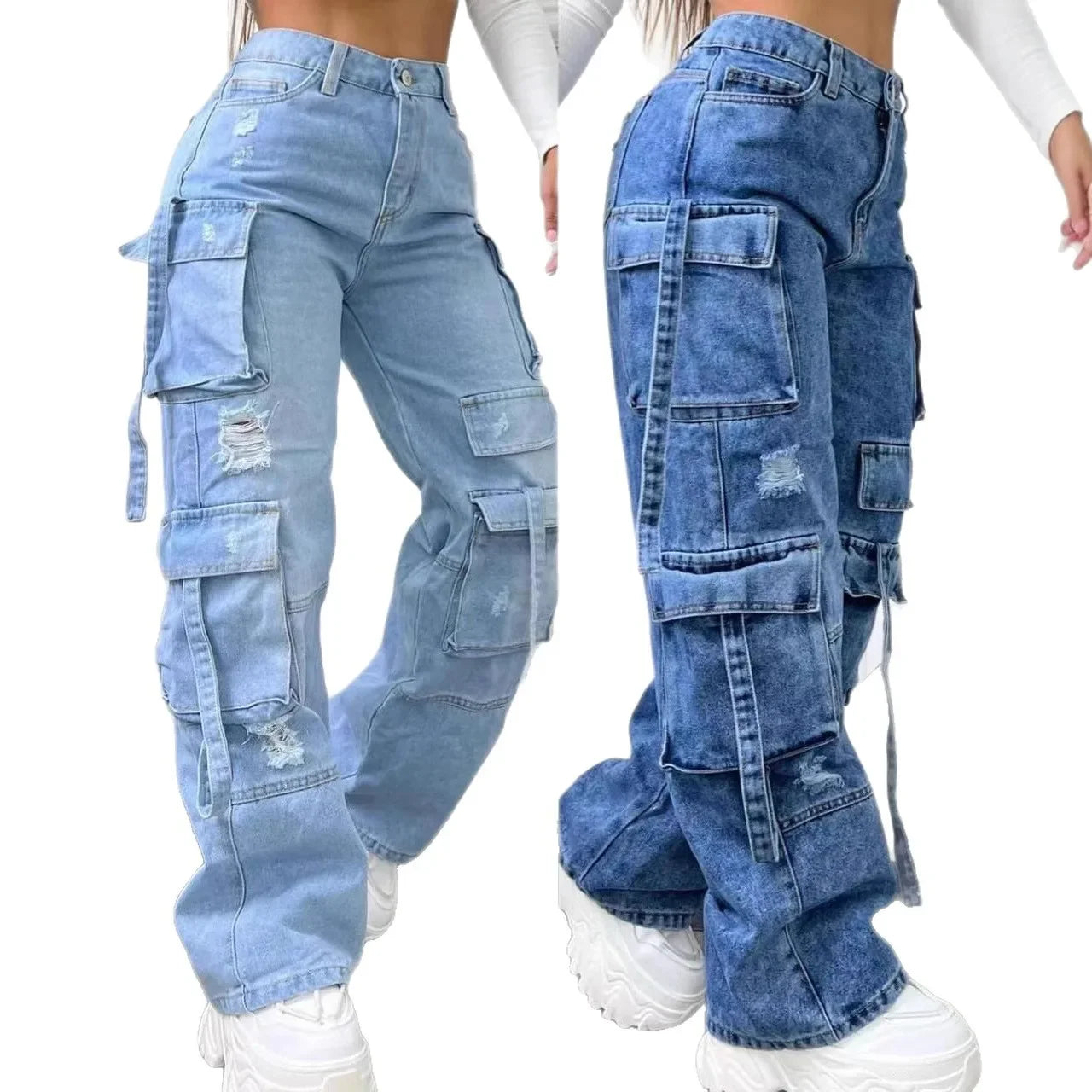 Denim High Waist Multi Pocket Loose Women's Jeans