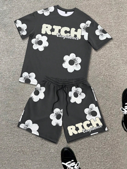 Black and White Flower Graphic Print T-shirt Shorts 2-piece Set
