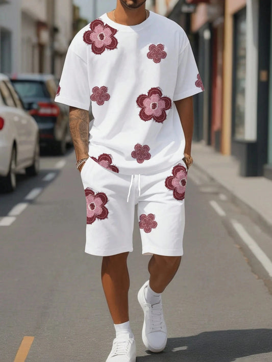 Black and White Flower Graphic Print T-shirt Shorts 2-piece Set