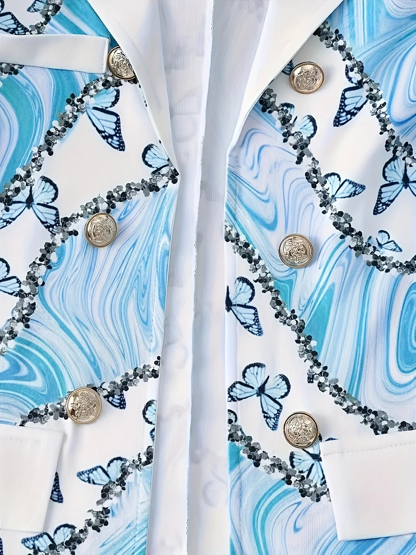 Elegant Butterfly Print Two-Piece Set, Long-Sleeved Lapel Suit Jacket and Slim-Fit Pants, Suitable for Office and Work