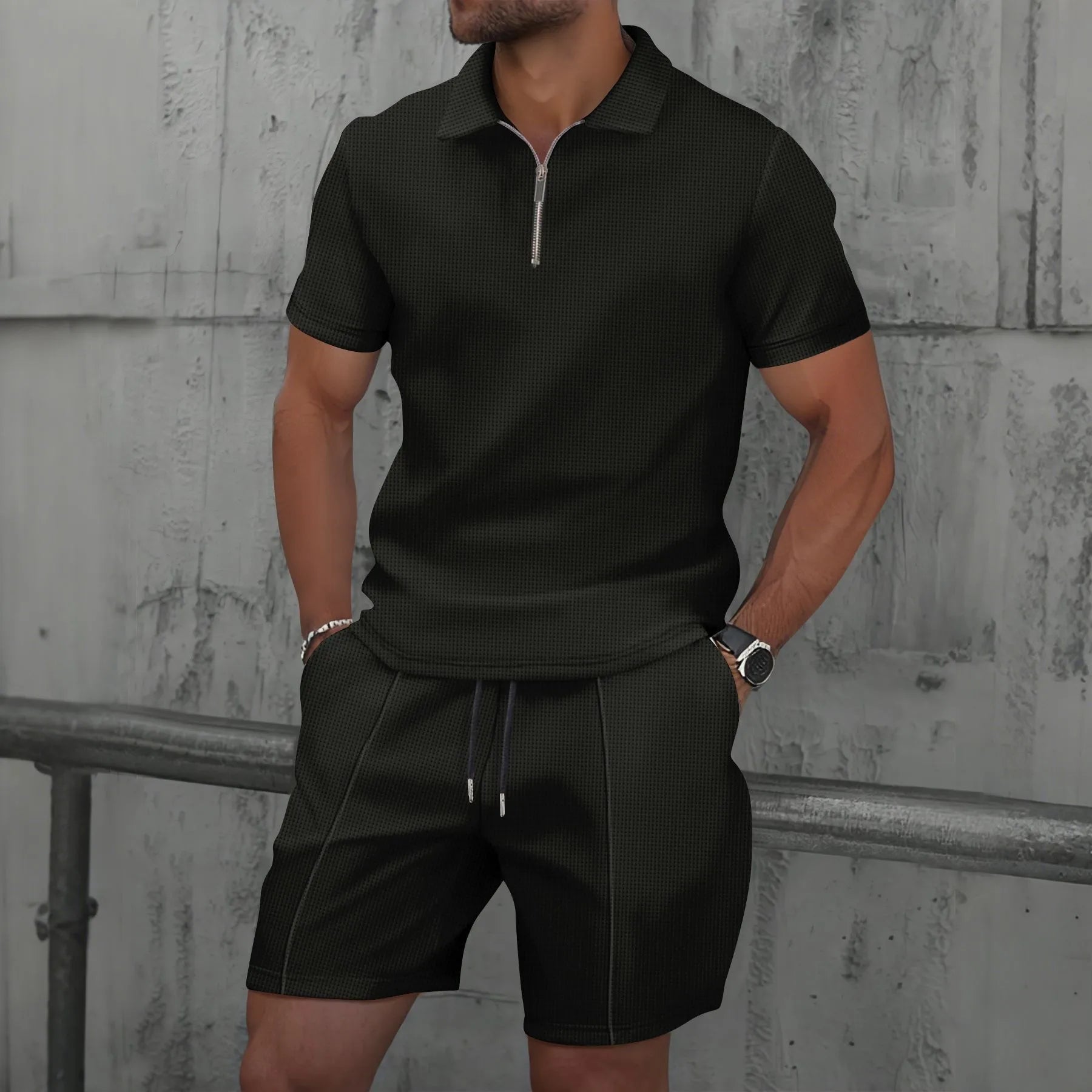 Men Sports Polo Suit Short Sleeve Stylish Zipper