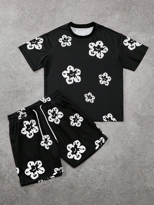 Black and White Flower Graphic Print T-shirt Shorts 2-piece Set