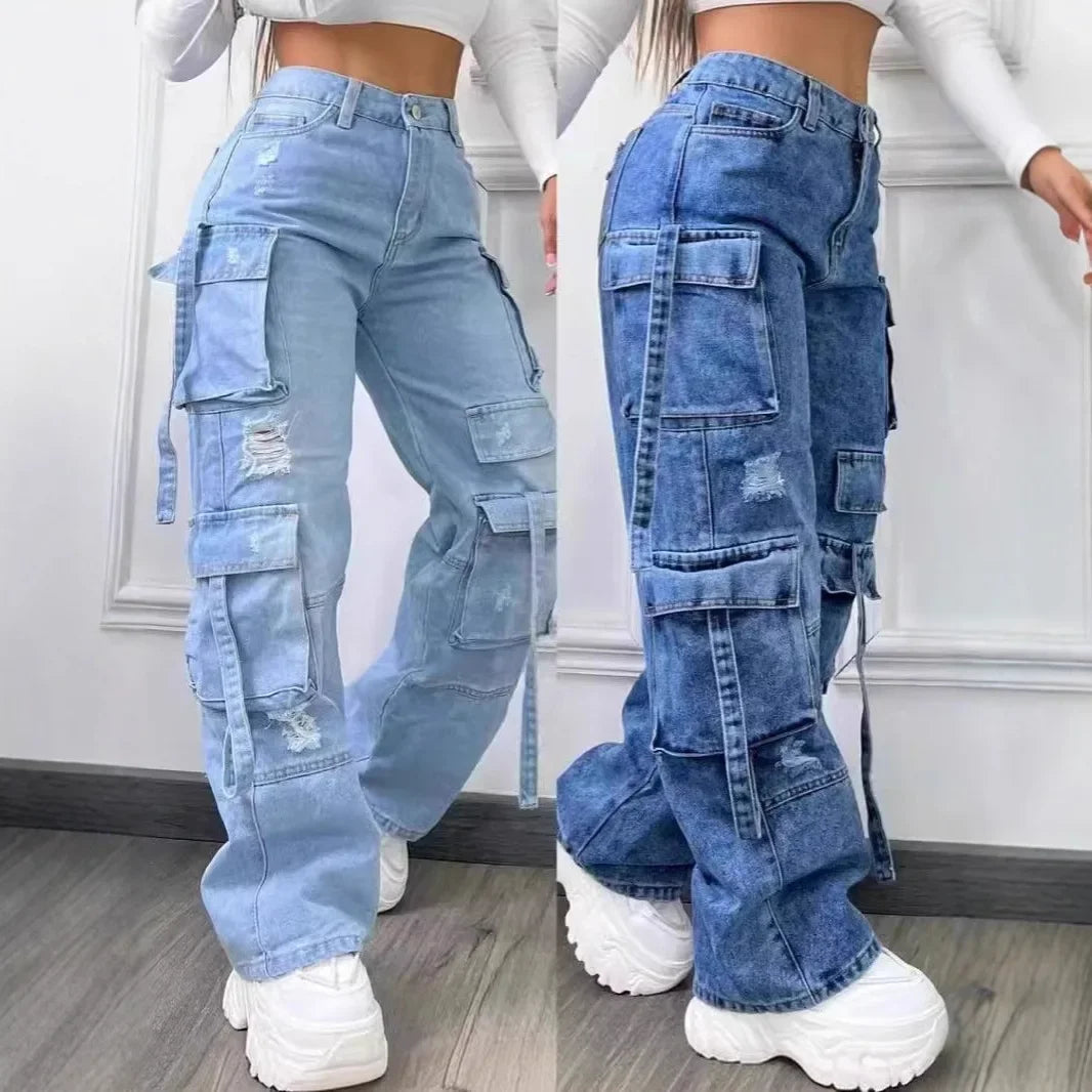 Denim High Waist Multi Pocket Loose Women's Jeans