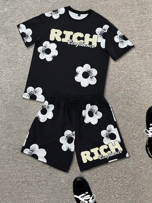 Black and White Flower Graphic Print T-shirt Shorts 2-piece Set