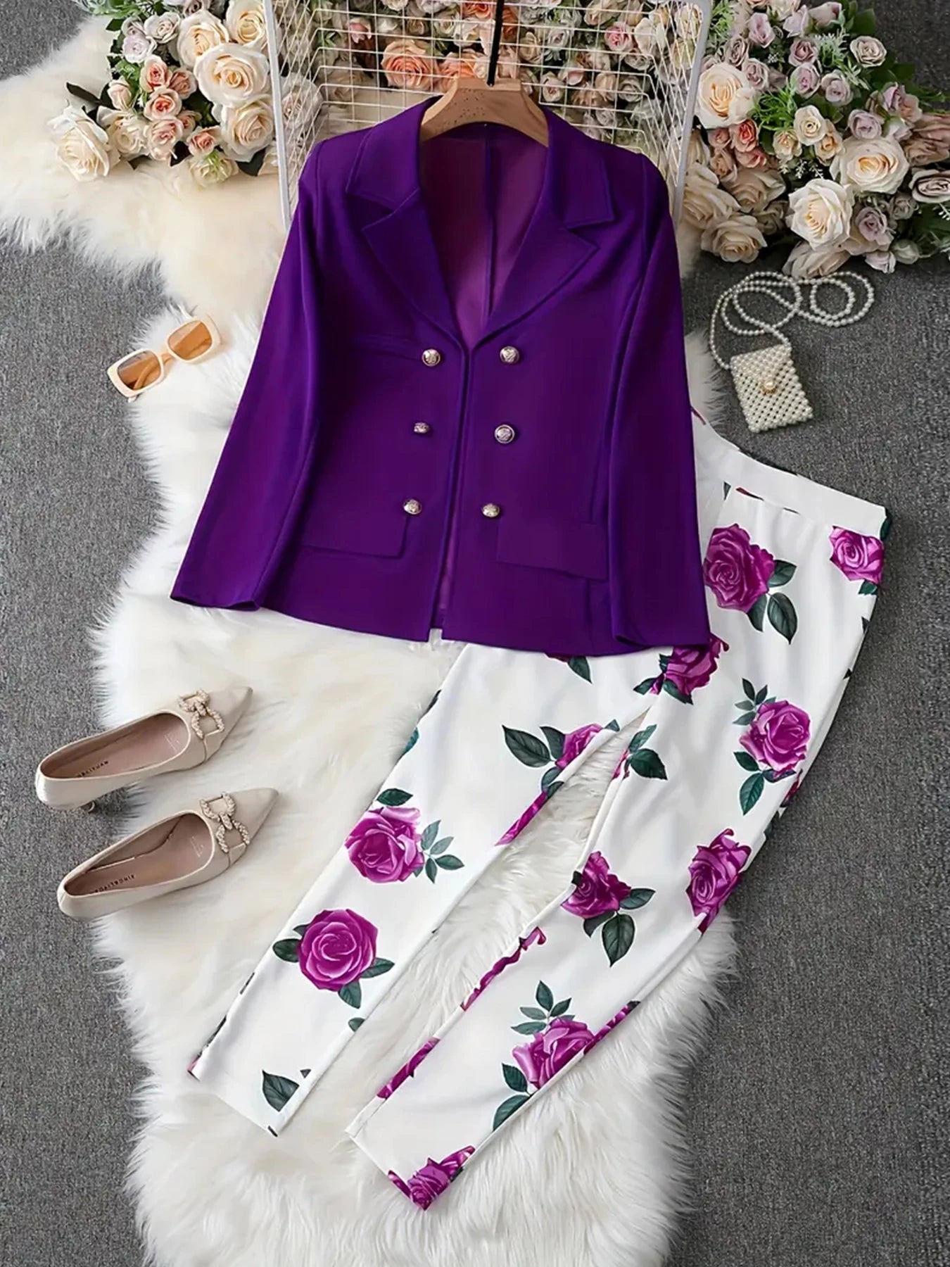 Elegant Butterfly Print Two-Piece Set, Long-Sleeved Lapel Suit Jacket and Slim-Fit Pants, Suitable for Office and Work