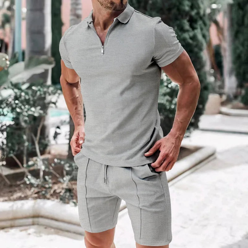 Men Sports Polo Suit Short Sleeve Stylish Zipper