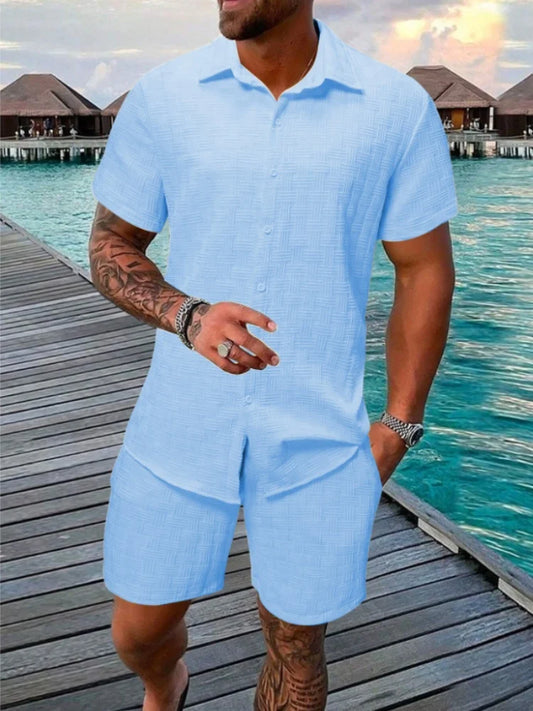 2025 New Summer Men's casual daily outdoor travel solid color jacquard lapel short-sleeved Shirt drawstring Shorts two-piece Set