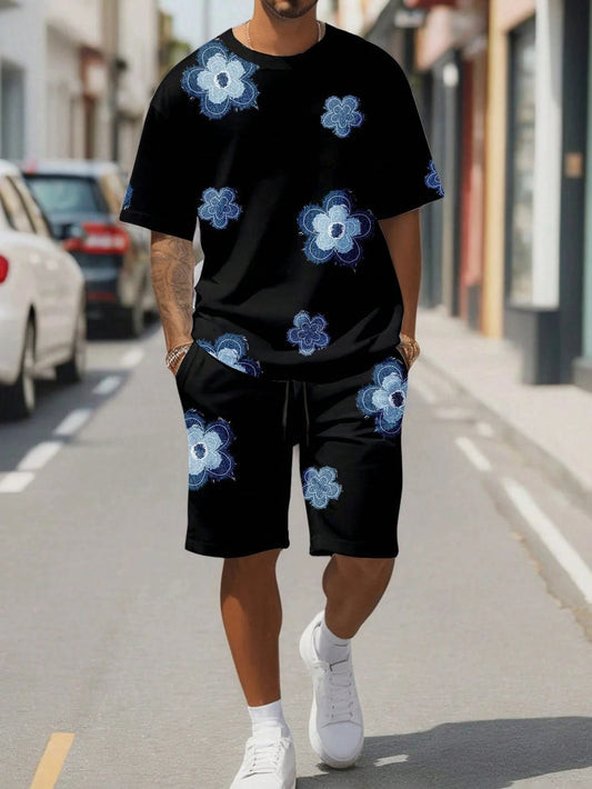 Black and White Flower Graphic Print T-shirt Shorts 2-piece Set