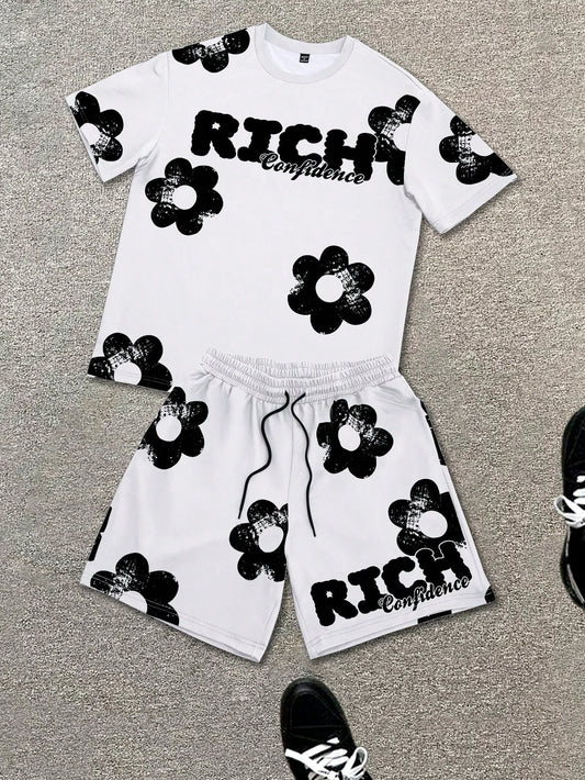 Black and White Flower Graphic Print T-shirt Shorts 2-piece Set